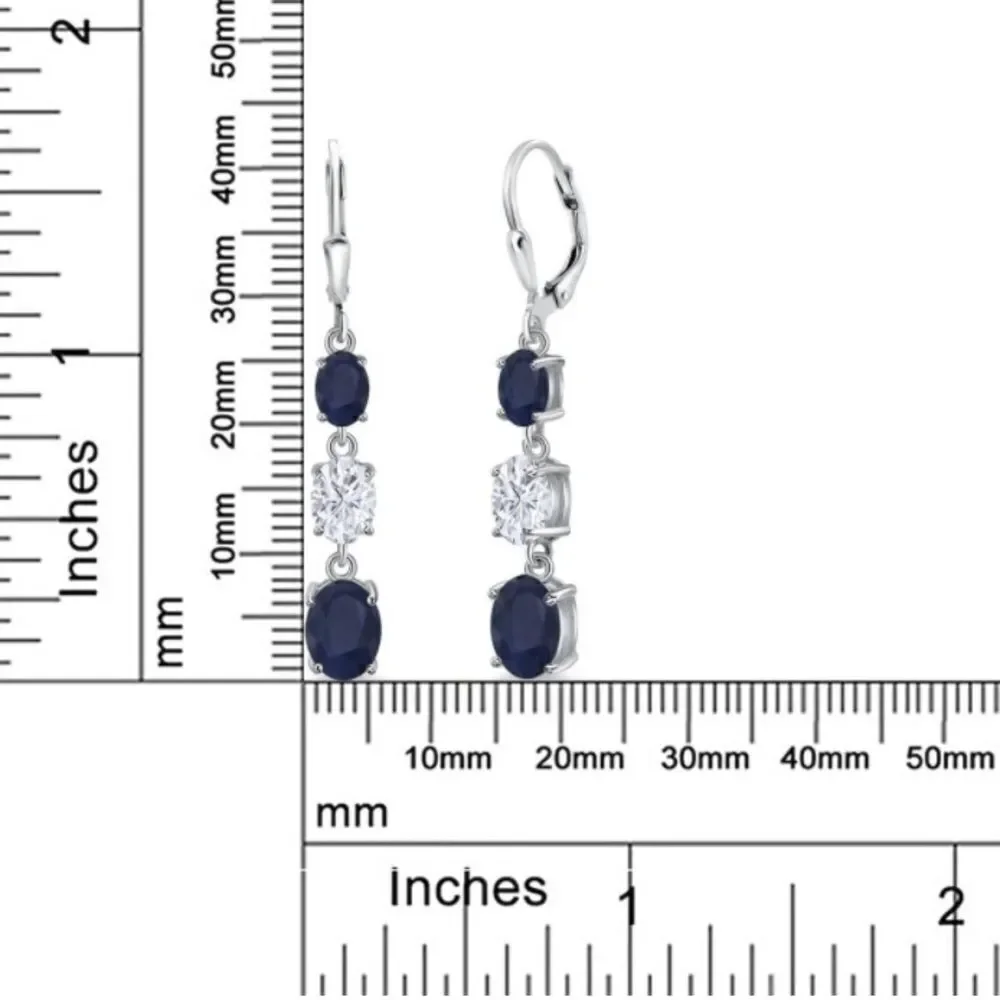 925 Sterling Silver with 6.51 Cttw 3 Stone Blue Sapphire and Moissanite Earrings